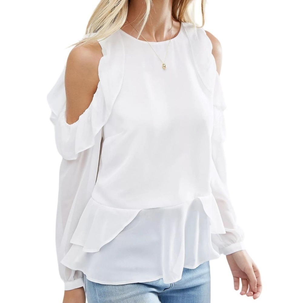 Asos White Ruffled Blouse‎ Cold Shoulder Tiered Long Sleeve Gold Buttons Size 10